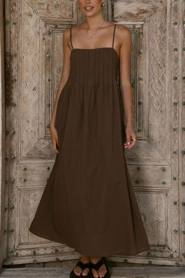 Solid Color Pleated Square Neck Suspender Casual Midi Dress