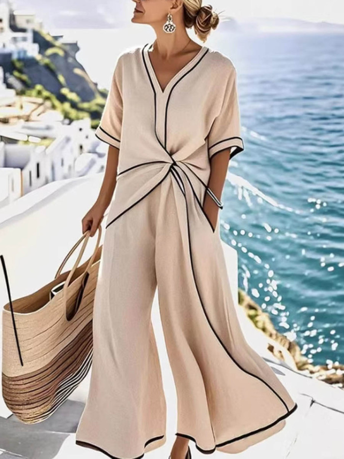 Pockets Pleated Line Knot Contrast Color Short Sleeves Loose V-Neck Jumpsuits
