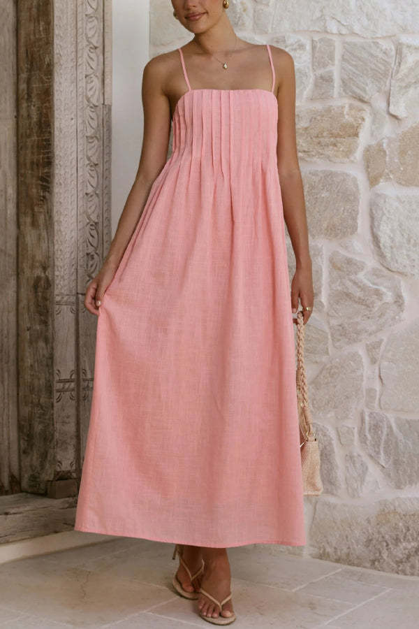 Solid Color Pleated Square Neck Suspender Casual Midi Dress