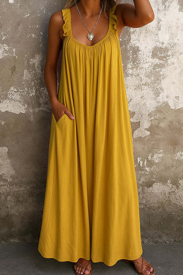 Solid Color Casual Ruffle Suspender Loose Pocket Maxi Dress