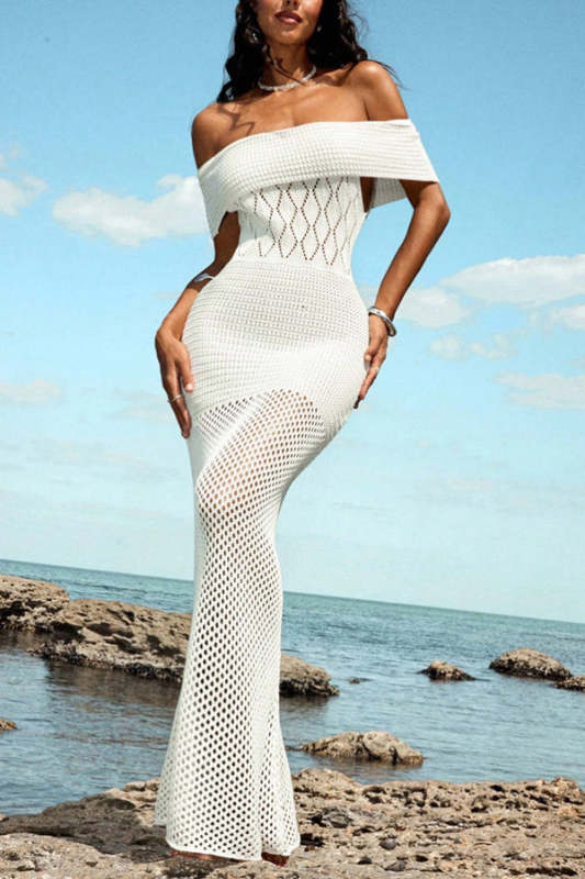 Solid Color Knit Openwork Off-shoulder Slim-fit Cover-up Maxi Dress