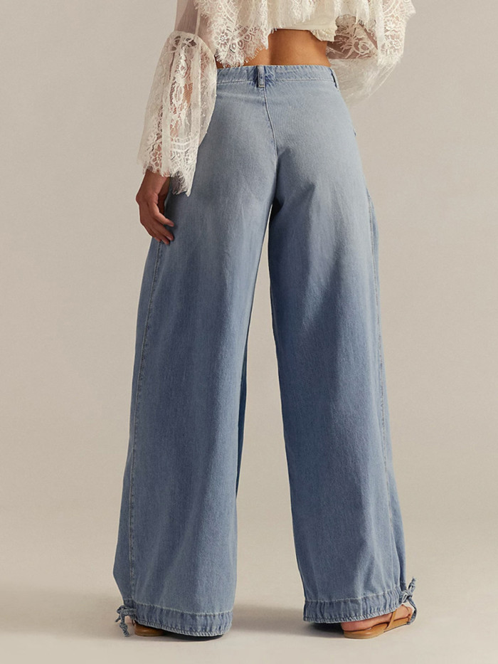 Solid Color Pockets Pleated Elasticity Drawstring Buttoned Wide Leg High Waisted Jean Pants Bottoms