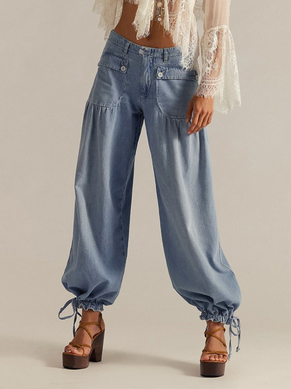 Solid Color Pockets Pleated Elasticity Drawstring Buttoned Wide Leg High Waisted Jean Pants Bottoms