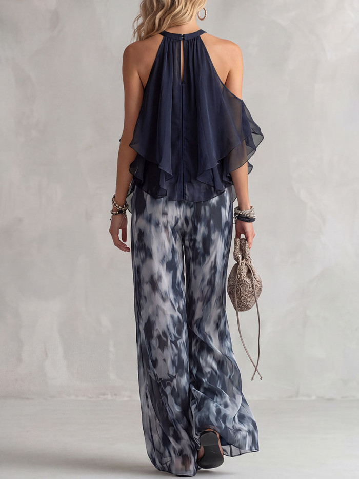 Solid Color Ruffled Pleated Sleeveless A-Line Halter-Neck Tank Top