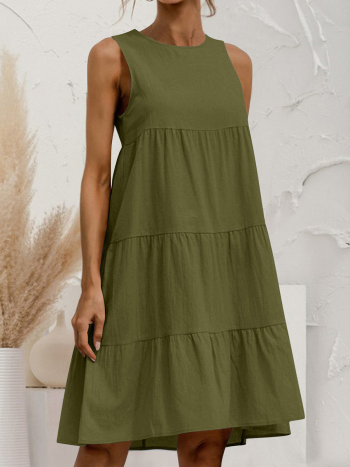 Tiered Solid Color Pleated Loose A-line Round-neck Mini Dresses