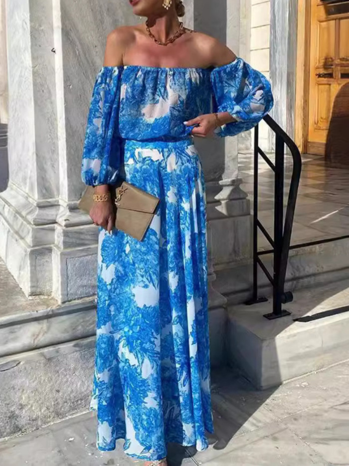 Split-Joint Printed Pleated High-Waisted Contrast Color Puff Sleeves Long Sleeves Off-The-Shoulder Maxi Dresses