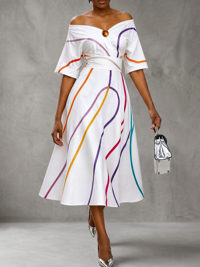 Printed Elasticity High Waisted Half Sleeves Off-The-Shoulder Midi Dresses