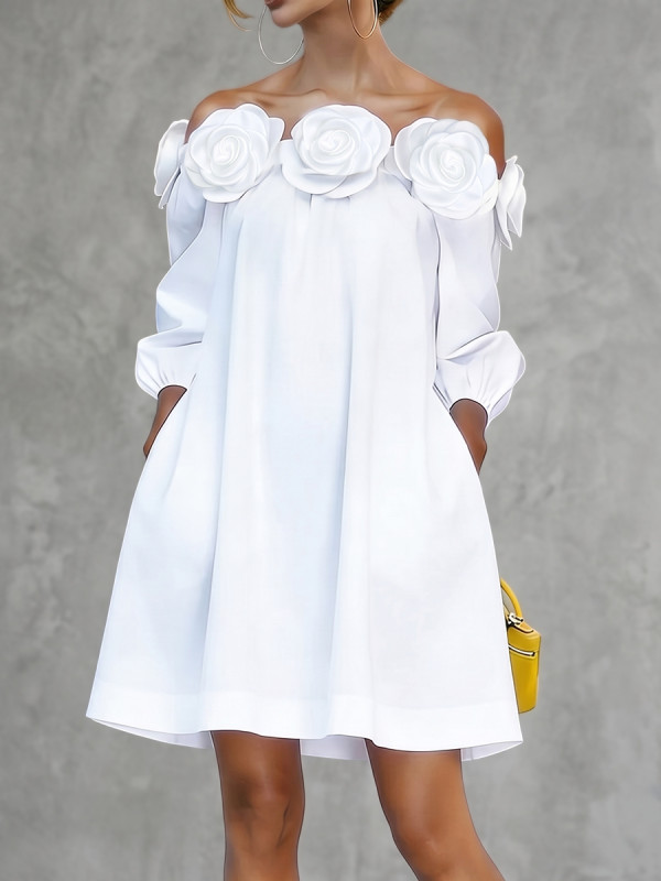 Three-Dimensional Flower Solid Color Pockets Loose Half Sleeves Off-The-Shoulder Mini Dresses