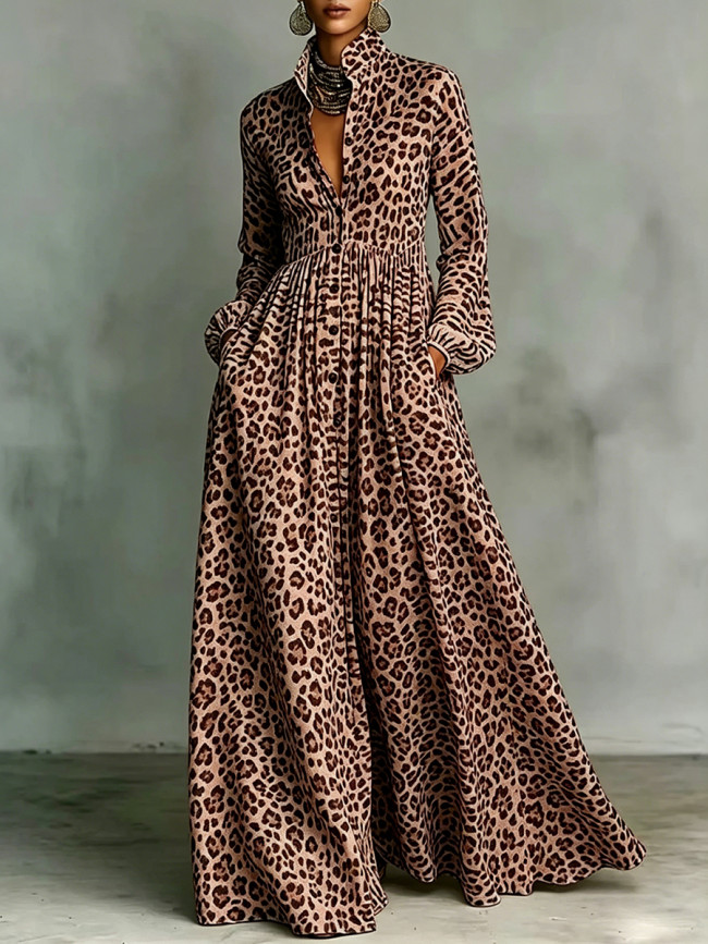 Pockets Pleated Leopard Contrast Color Buttoned Long Sleeves A-Line Lapel Maxi Dresses