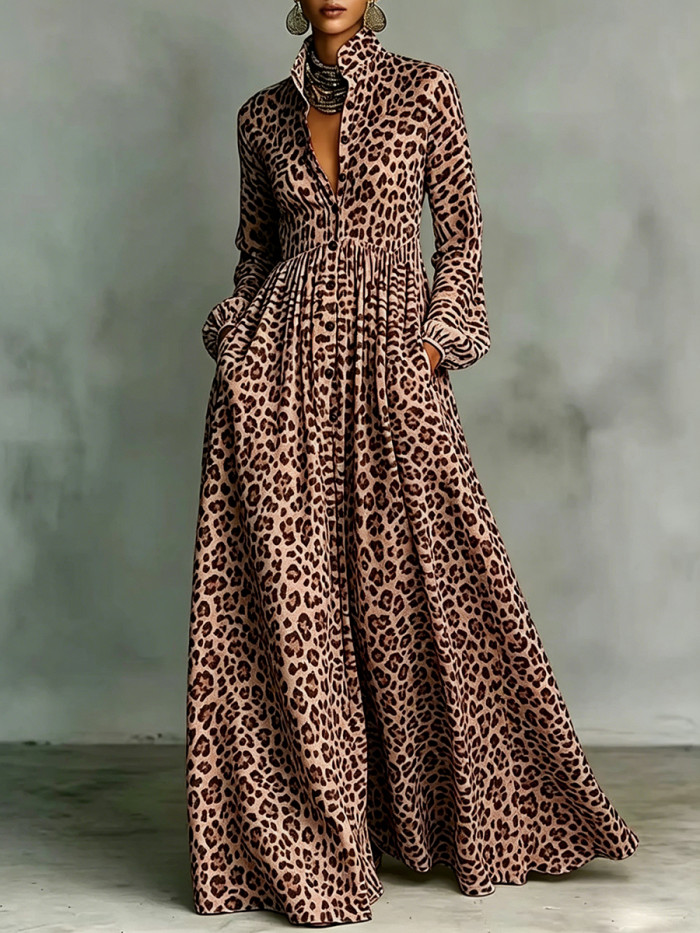 Pockets Pleated Leopard Contrast Color Buttoned Long Sleeves A-Line Lapel Maxi Dresses