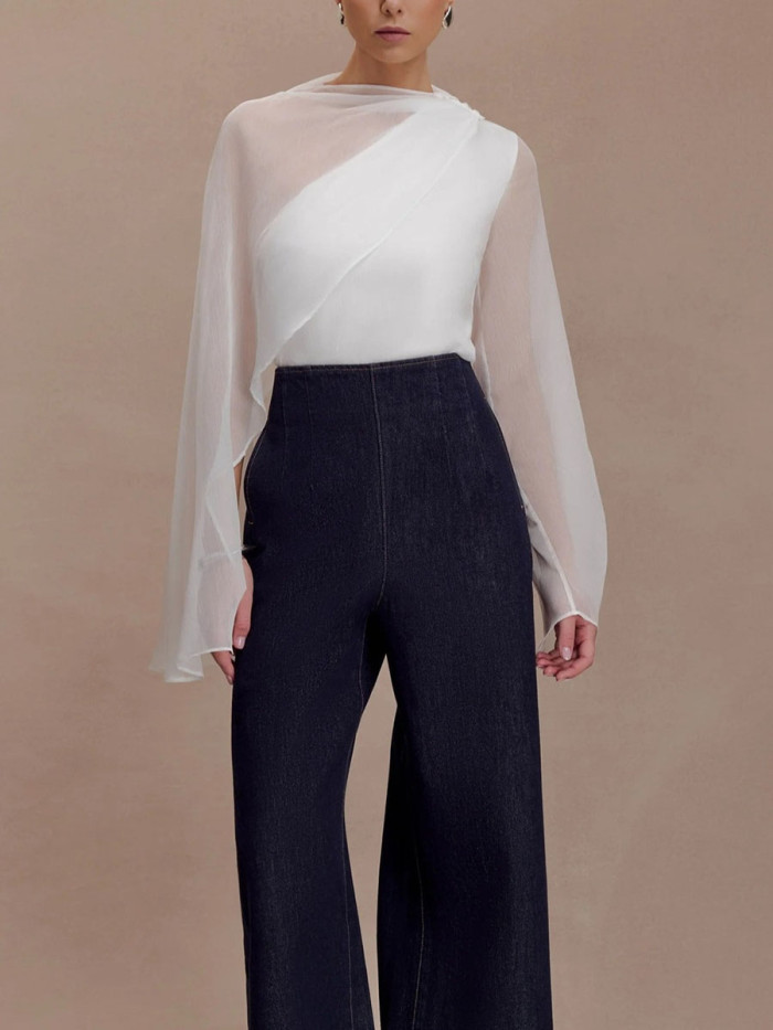 Split-Joint Solid Color See-Through Asymmetric Wrap Cape Round-neck Blouses&shirts Tops