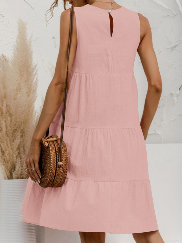 Tiered Solid Color Pleated Loose A-line Round-neck Mini Dresses