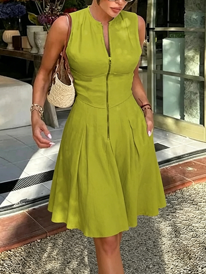 Zipper Solid Color Pockets Pleated Sleeveless A-Line Round-Neck Mini Dresses