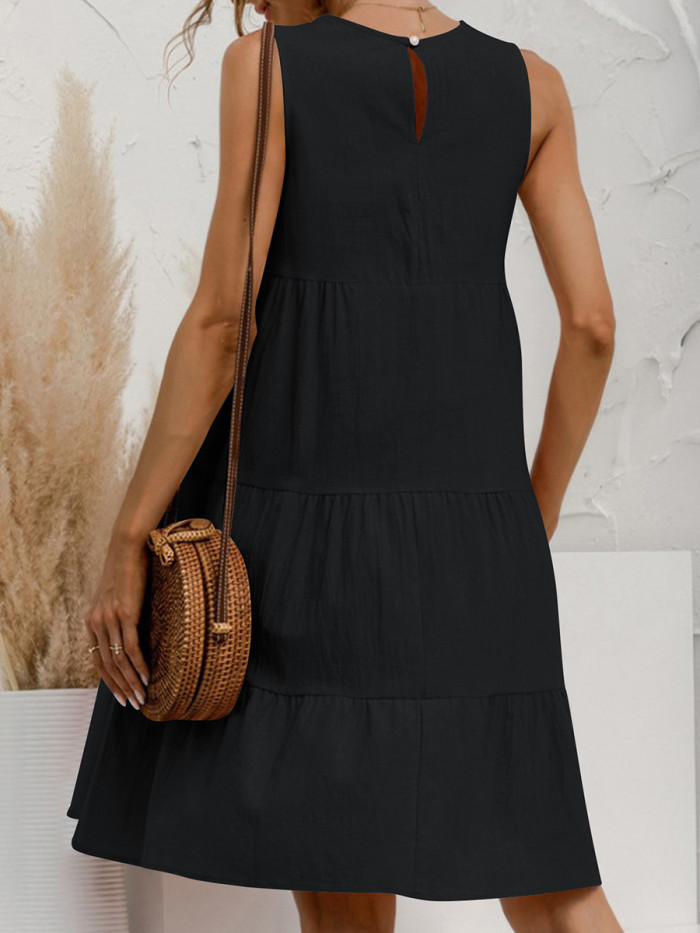Tiered Solid Color Pleated Loose A-line Round-neck Mini Dresses