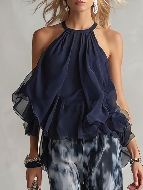 Solid Color Ruffled Pleated Sleeveless A-Line Halter-Neck Tank Top