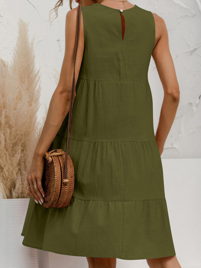 Tiered Solid Color Pleated Loose A-line Round-neck Mini Dresses