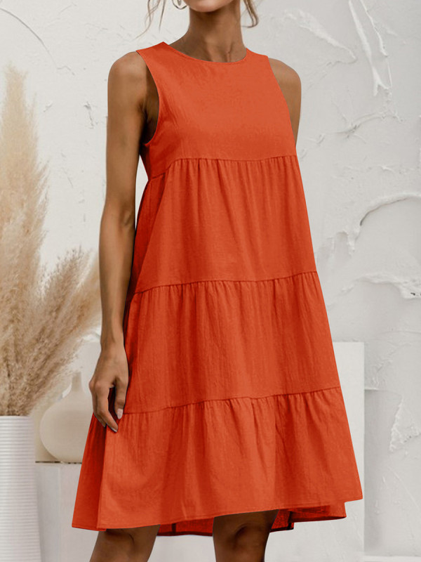 Tiered Solid Color Pleated Loose A-line Round-neck Mini Dresses