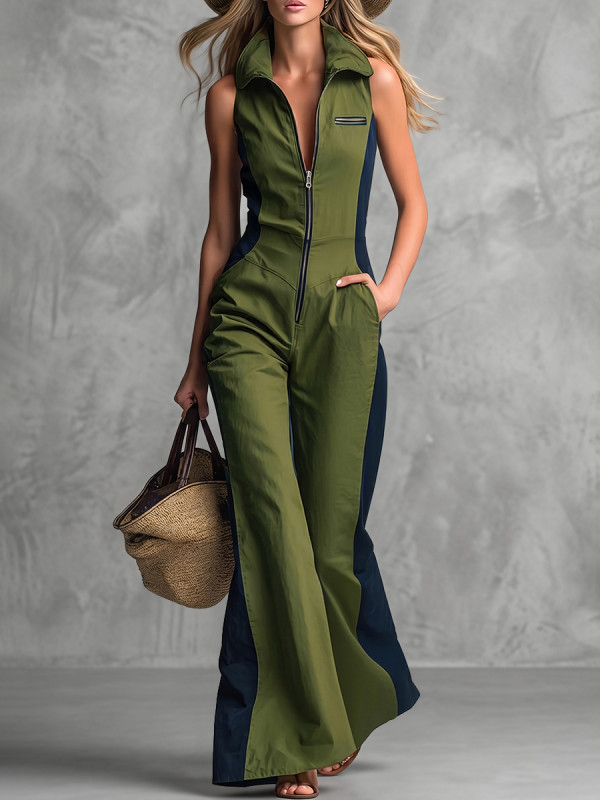 Zipper Pockets Contrast Color Wide Leg Sleeveless Lapel Jumpsuits