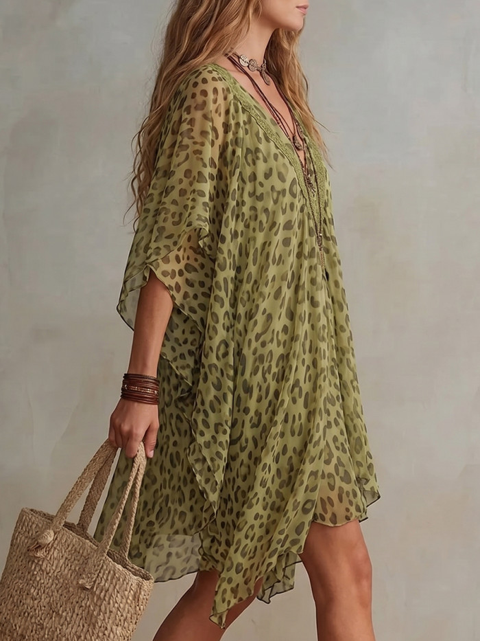 See-Through Ruffle Trim Leopard Contrast Color Asymmetric Loose Half Sleeves Deep V-Neck Mini Dresses