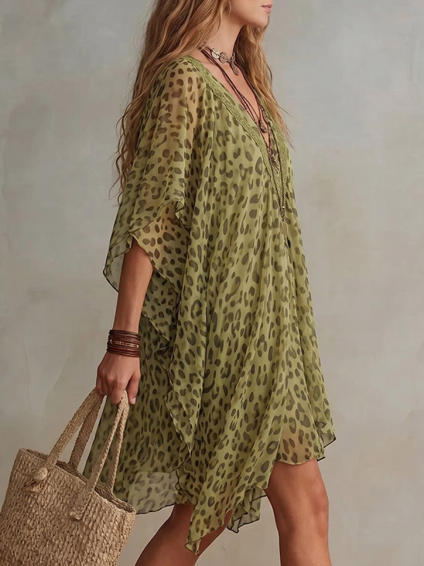 See-Through Ruffle Trim Leopard Contrast Color Asymmetric Loose Half Sleeves Deep V-Neck Mini Dresses
