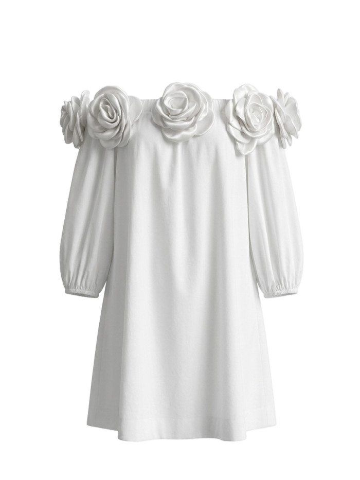Three-Dimensional Flower Solid Color Pockets Loose Half Sleeves Off-The-Shoulder Mini Dresses