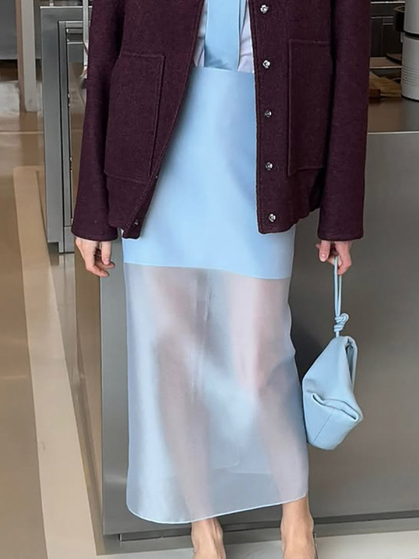 Split-Joint Solid Color See-Through Layered High Waisted Elasticated Waist Skirts Bottoms