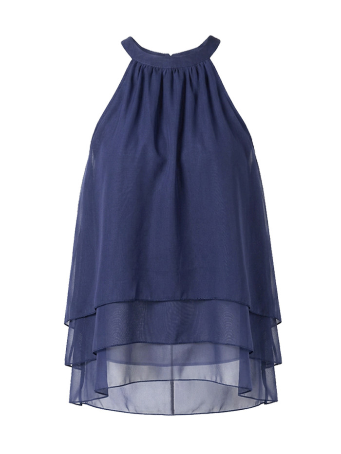 Solid Color Ruffled Pleated Sleeveless A-Line Halter-Neck Tank Top