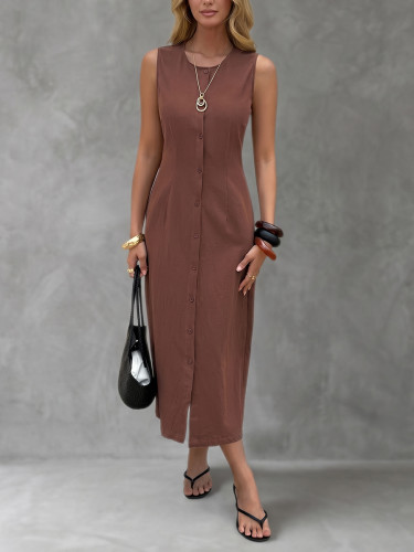 Solid Color Buttoned Sleeveless H-line Round-neck Midi Dresses