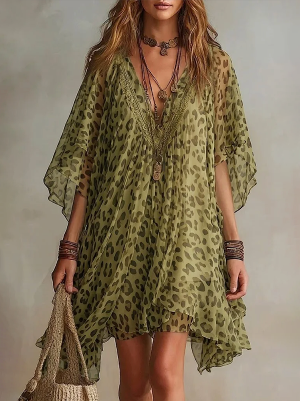 See-Through Ruffle Trim Leopard Contrast Color Asymmetric Loose Half Sleeves Deep V-Neck Mini Dresses