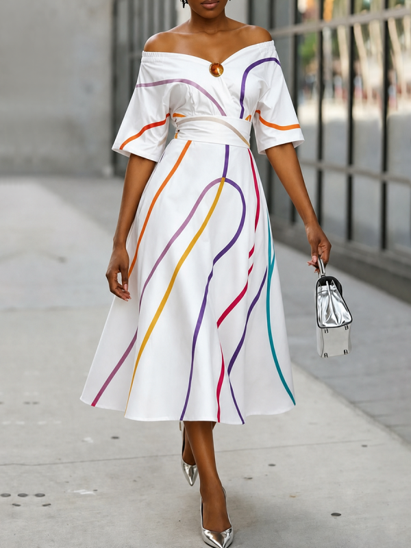 Printed Elasticity High Waisted Half Sleeves Off-The-Shoulder Midi Dresses
