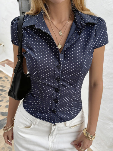 Polka Dot Contrast Color Buttoned Short Sleeves Lapel Blouses&Shirts Tops