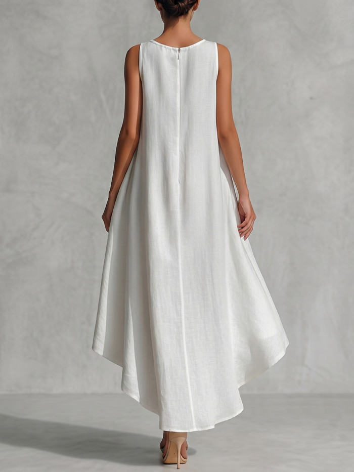 Zipper Solid Color Sleeveless Loose Round-Neck Maxi Dresses