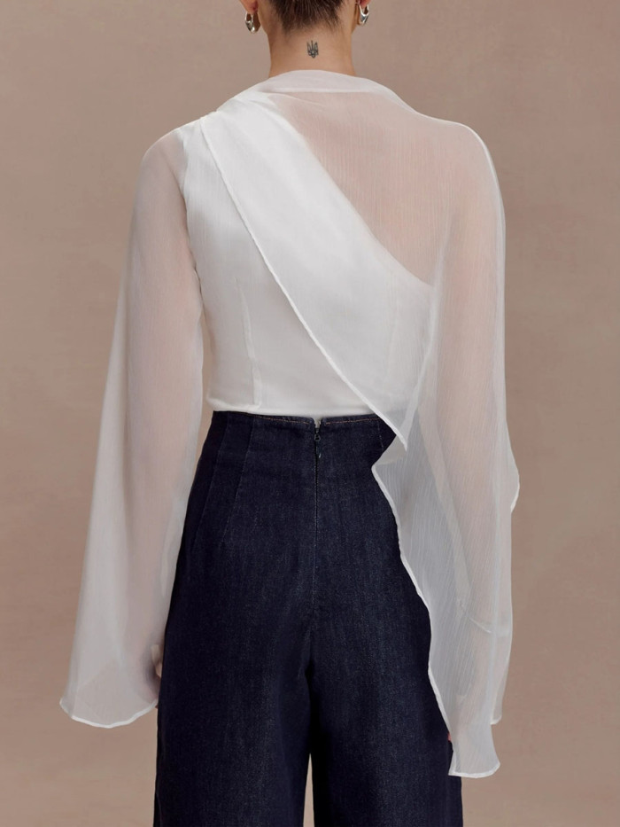 Split-Joint Solid Color See-Through Asymmetric Wrap Cape Round-neck Blouses&shirts Tops