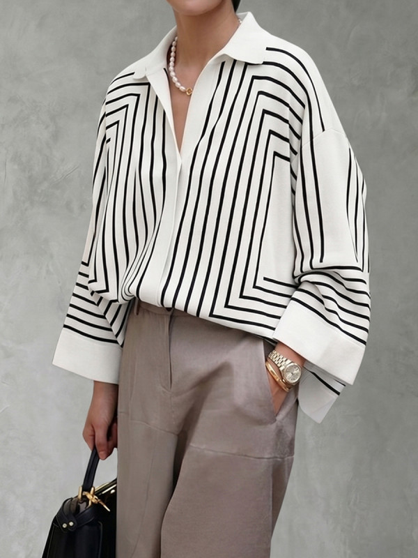 Printed Line Buttoned Loose Long Sleeves Lapel Blouses&Shirts Tops
