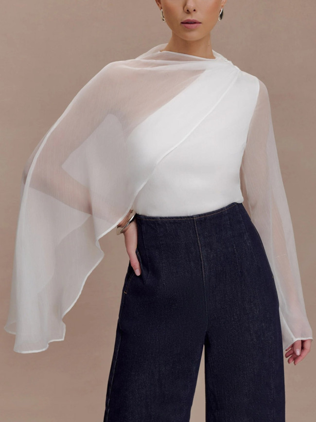 Split-Joint Solid Color See-Through Asymmetric Wrap Cape Round-neck Blouses&shirts Tops