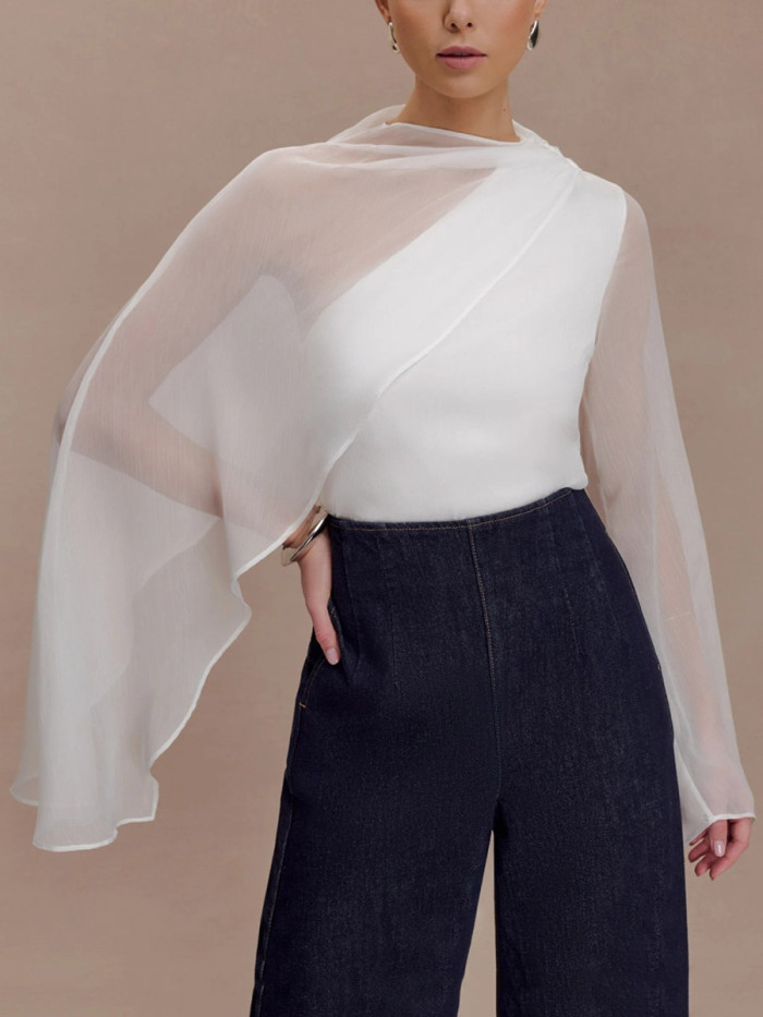 Split-Joint Solid Color See-Through Asymmetric Wrap Cape Round-neck Blouses&shirts Tops