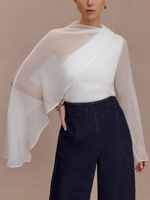 Split-Joint Solid Color See-Through Asymmetric Wrap Cape Round-neck Blouses&shirts Tops