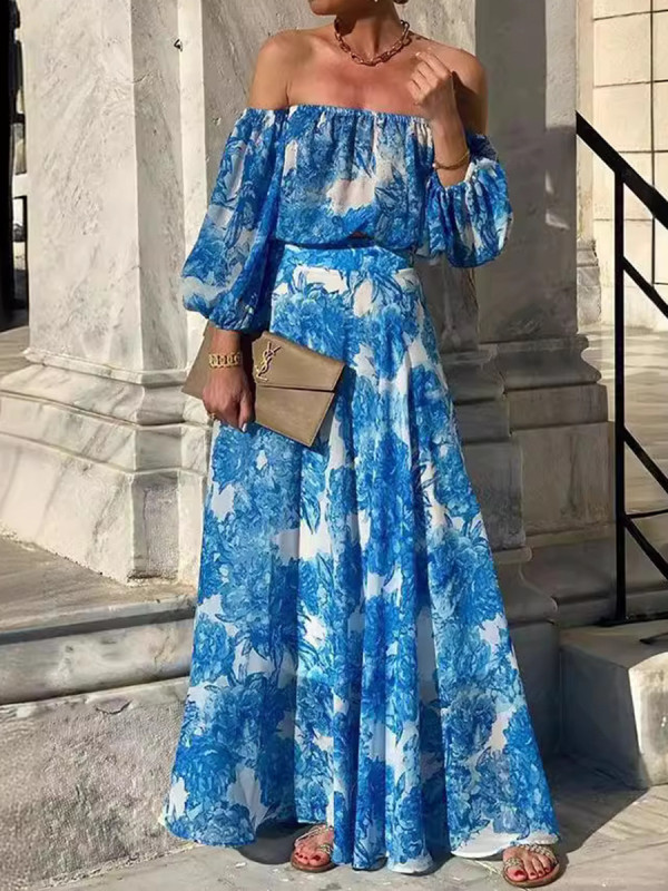 Split-Joint Printed Pleated High-Waisted Contrast Color Puff Sleeves Long Sleeves Off-The-Shoulder Maxi Dresses