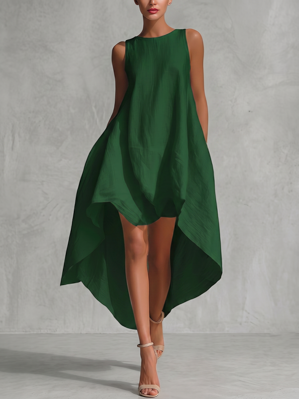 Zipper Solid Color Sleeveless Loose Round-Neck Maxi Dresses
