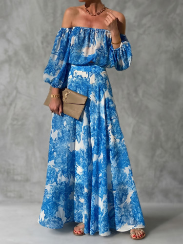 Split-Joint Printed Pleated High-Waisted Contrast Color Puff Sleeves Long Sleeves Off-The-Shoulder Maxi Dresses