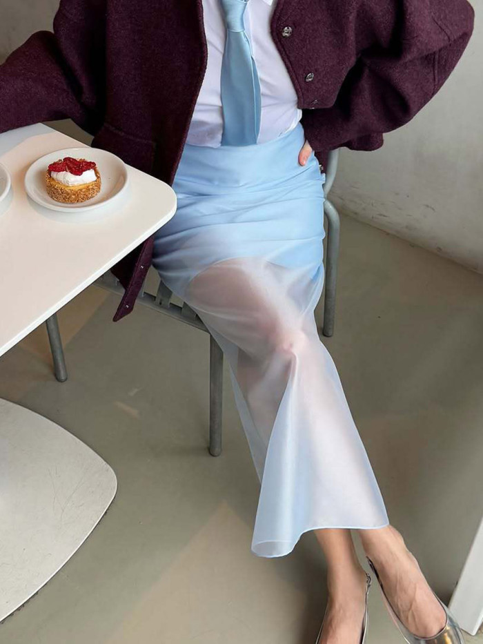 Split-Joint Solid Color See-Through Layered High Waisted Elasticated Waist Skirts Bottoms