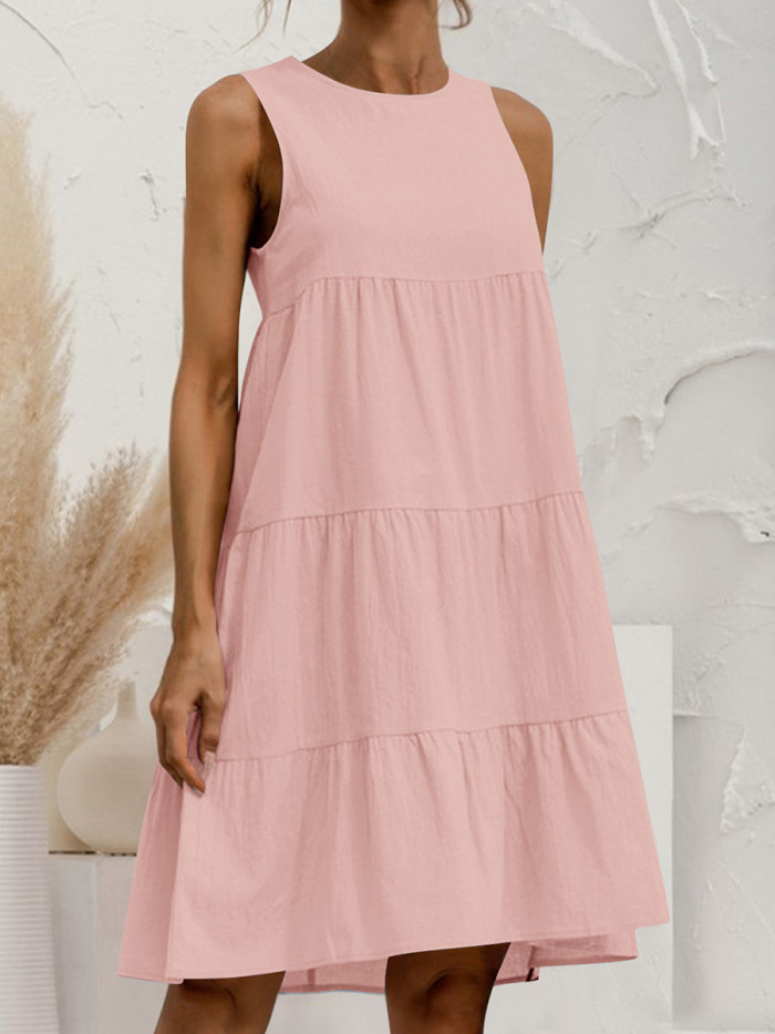 Tiered Solid Color Pleated Loose A-line Round-neck Mini Dresses