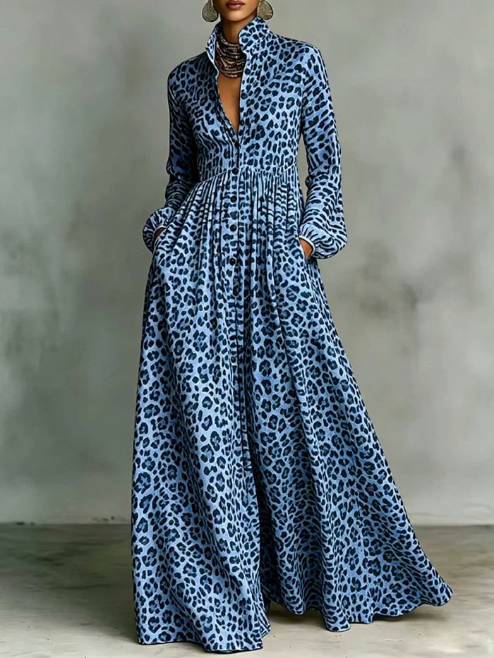 Pockets Pleated Leopard Contrast Color Buttoned Long Sleeves A-Line Lapel Maxi Dresses