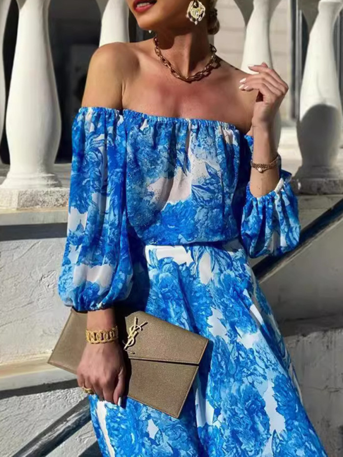 Split-Joint Printed Pleated High-Waisted Contrast Color Puff Sleeves Long Sleeves Off-The-Shoulder Maxi Dresses