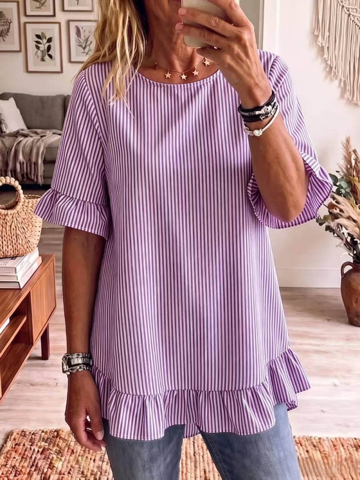 Striped Ruffle Trim Pleated Ruffle Sleeves Plus Size Round-Neck Blouses&Shirts Tops