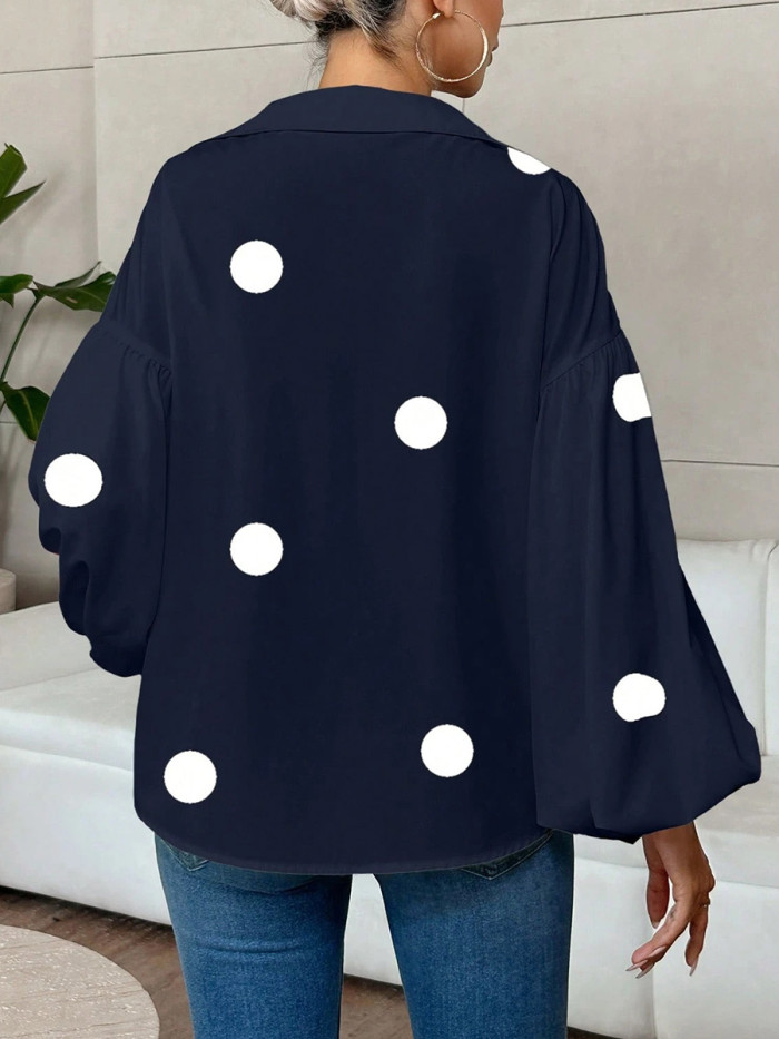 Split-Joint Polka Dot Pleated Contrast Color Puff Sleeves Loose Lapel Blouses&Shirts Tops