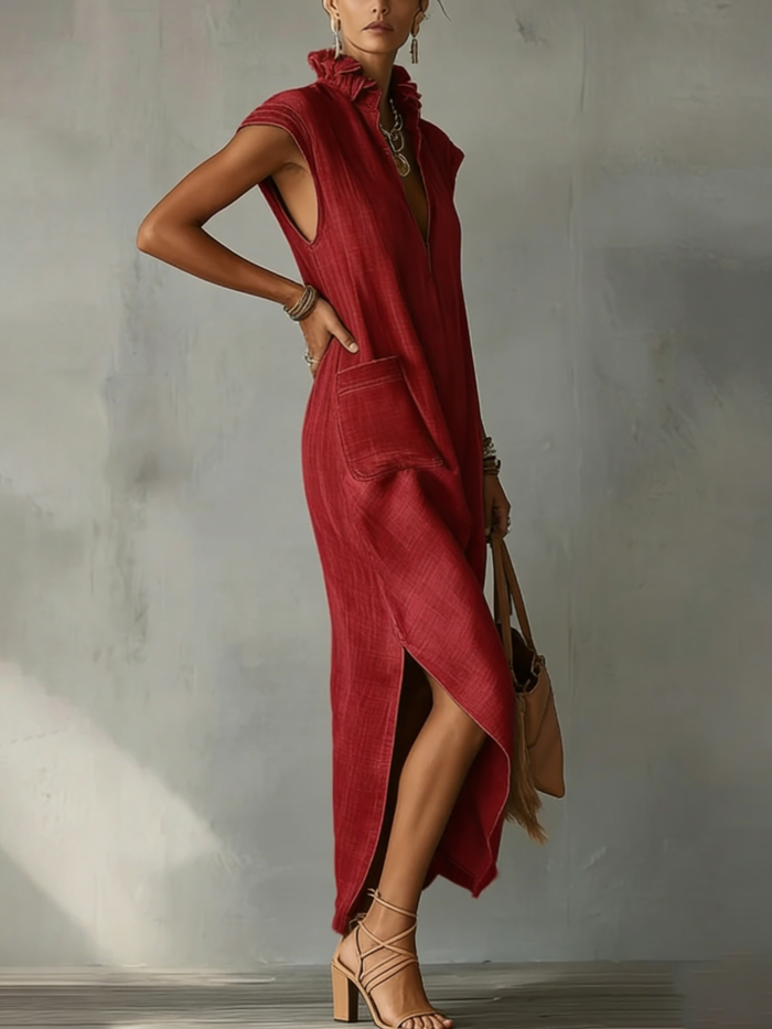 Women's Ruffle Collar Cotton Linen Midi Dress – Elegant Summer Dress