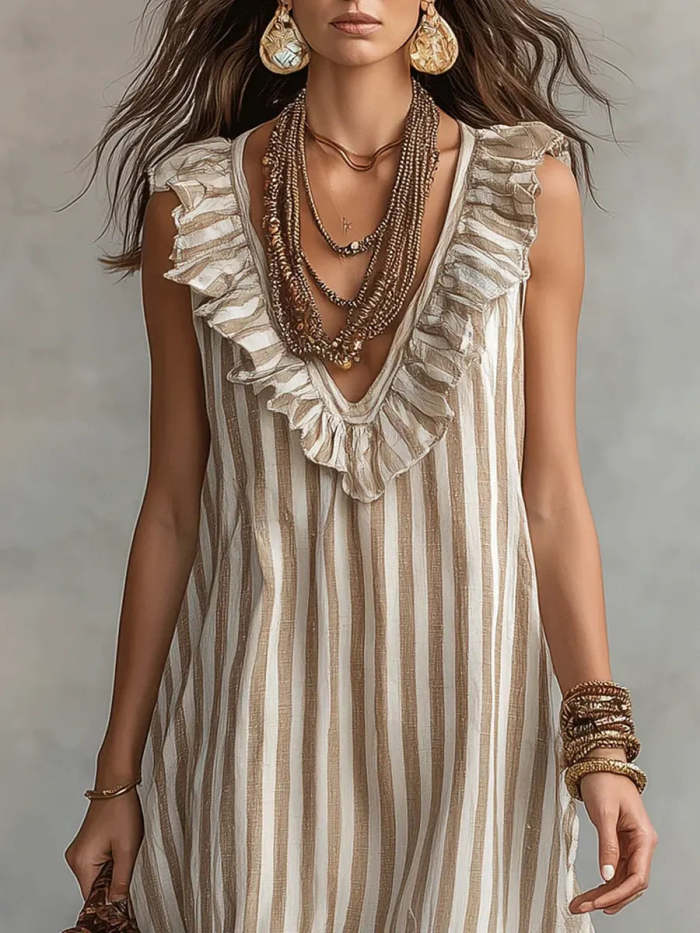 Women's Striped Art Ruffled Neck Casual Stylish Sleeveless Cotton Dress