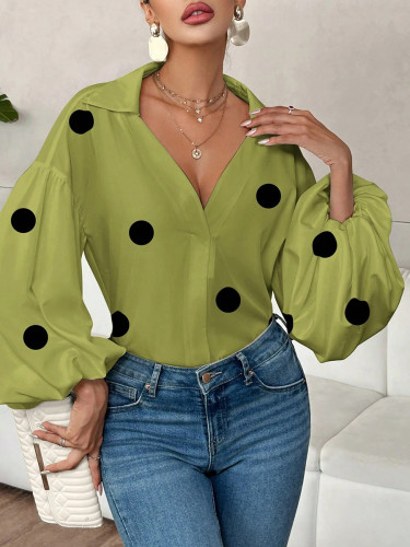 Split-Joint Polka Dot Pleated Contrast Color Puff Sleeves Loose Lapel Blouses&Shirts Tops