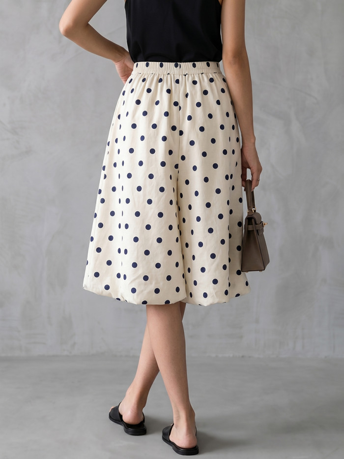 Polka Dot Pleated Elasticity Contrast Color Loose High Waisted Cropped Trousers